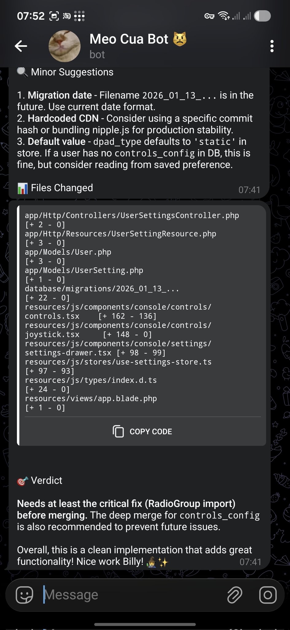 Comentarios de revisión de PR de OpenClaw entregados en Telegram