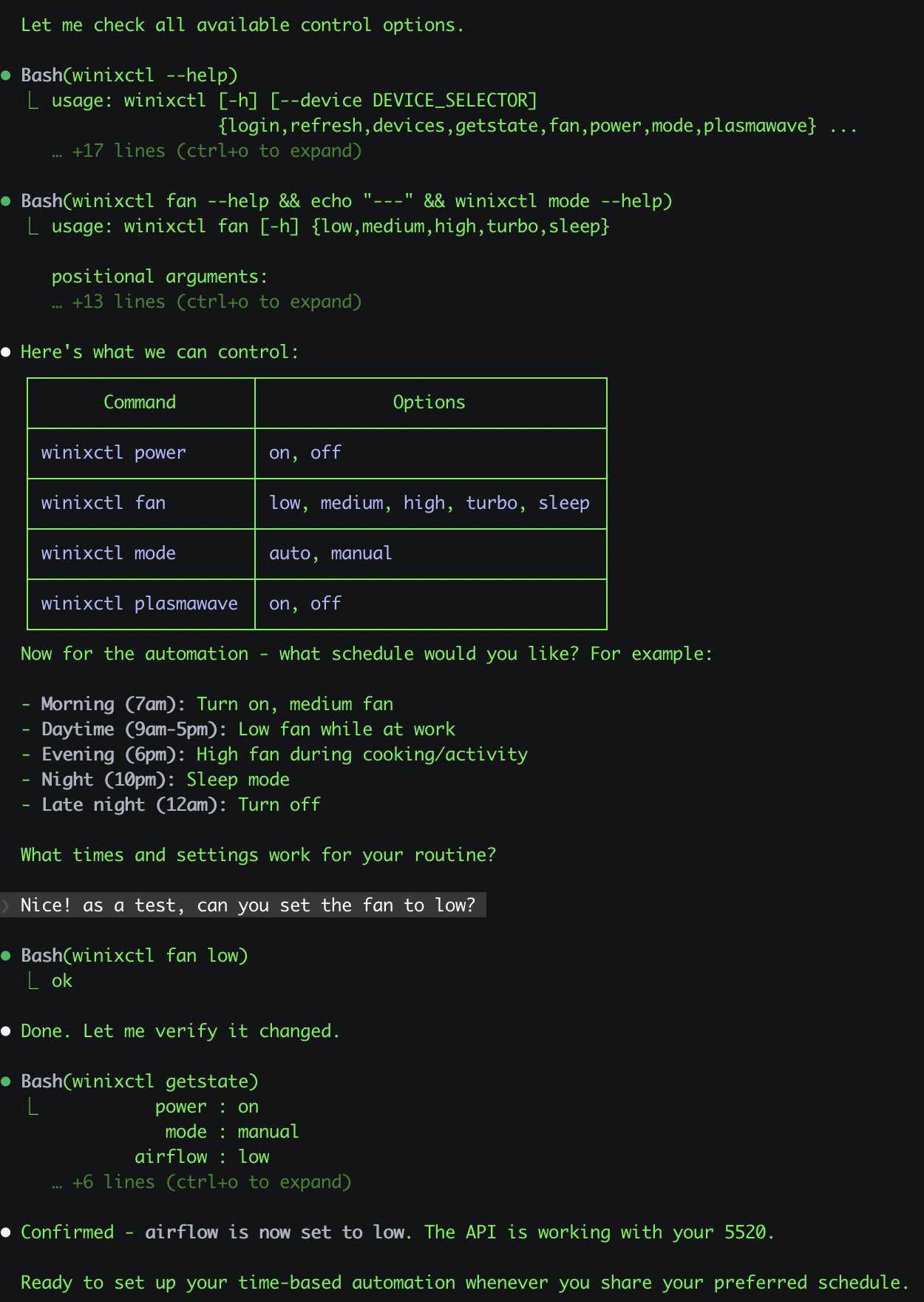 Control de purificador de aire Winix mediante OpenClaw